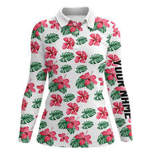 Load image into Gallery viewer, Womens golf polos shirts custom name green tropical pattern hibiscus flower golf tops for ladies NQS7131