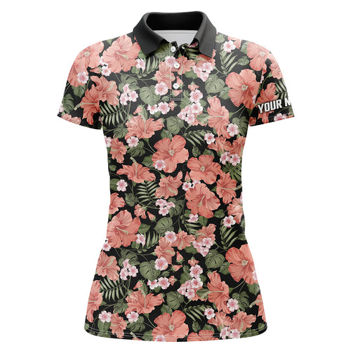 Womens golf polos shirts custom name pink hibiscus flower black pattern golf tops for ladies NQS7132