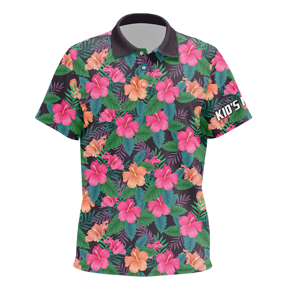 Kid golf polos shirts custom name colorful hibiscus flower tropical pattern golf tops for Kid NQS7133