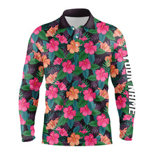 Load image into Gallery viewer, Mens golf polos shirts custom colorful hibiscus flower tropical pattern golf tops for mens NQS7133