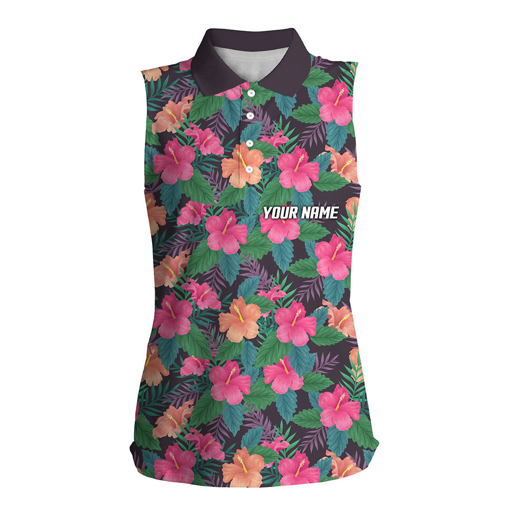 Womens sleeveless golf polos shirts custom colorful hibiscus flower tropical pattern golf tops NQS7133