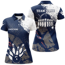 Load image into Gallery viewer, Navy and white Women bowling polo shirts Custom retro bowling ball pins bowling team league jerseys NQS6313