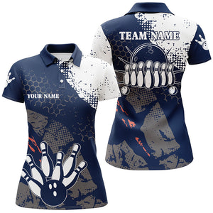 Navy and white Women bowling polo shirts Custom retro bowling ball pins bowling team league jerseys NQS6313