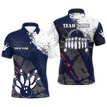 Load image into Gallery viewer, Navy and white Mens polo bowling shirts Custom retro bowling ball pins bowling team league jerseys NQS6313