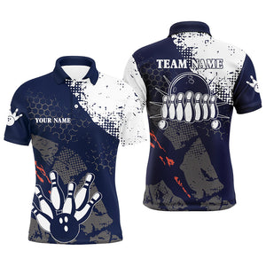 Navy and white Mens polo bowling shirts Custom retro bowling ball pins bowling team league jerseys NQS6313