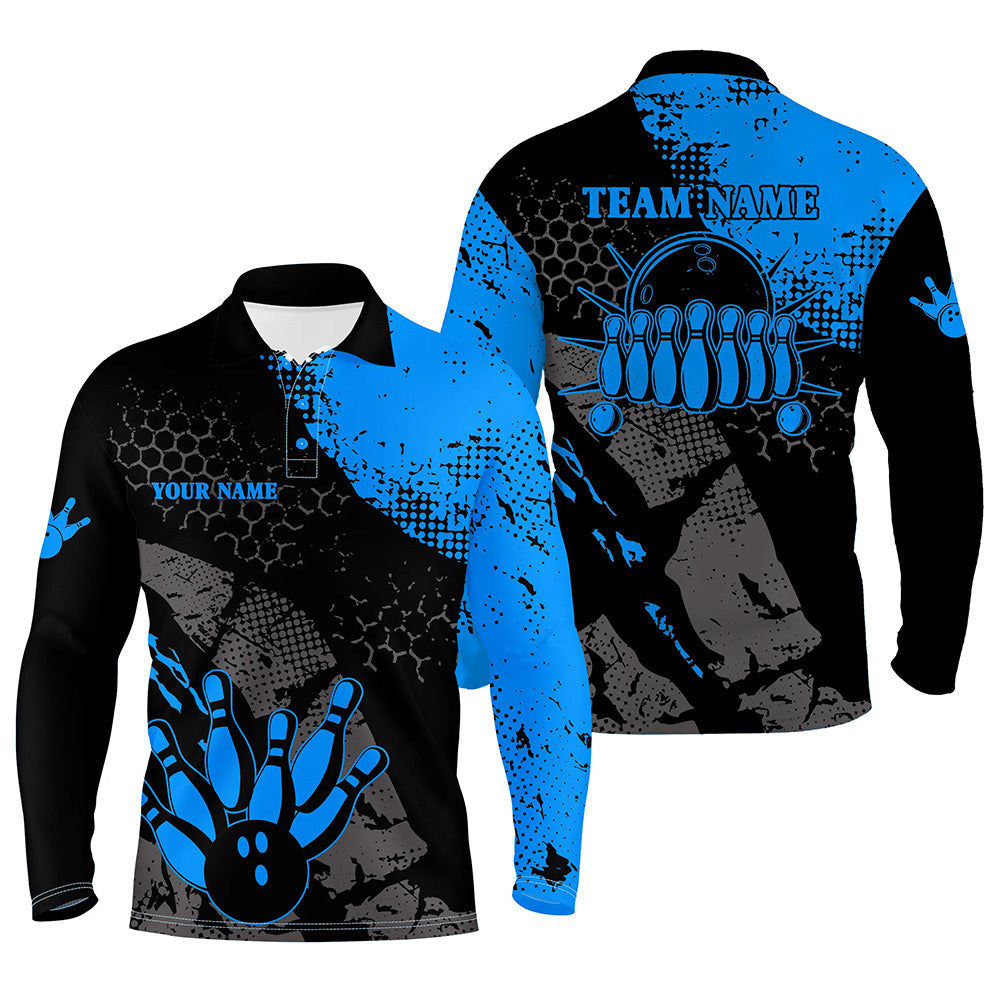 Black and blue Mens polo bowling shirts Custom retro bowling ball pins bowling team league jerseys NQS6314