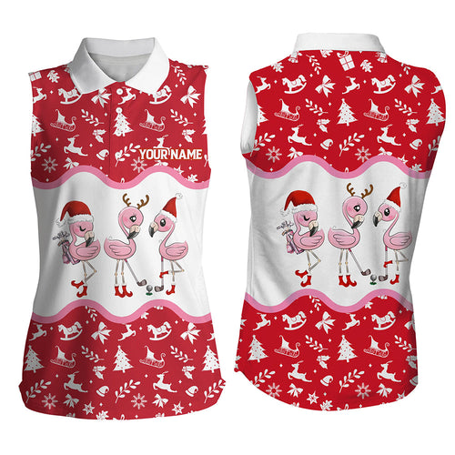 Red and white christmas pattern Womens sleeveless polos custom flamingo christmas polo shirt for women NQS6785