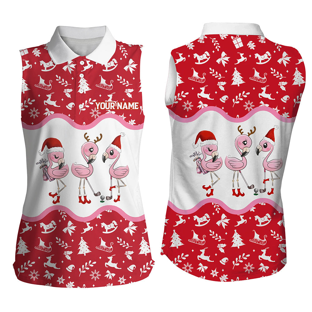 Red and white christmas pattern Womens sleeveless polos custom flamingo christmas polo shirt for women NQS6785