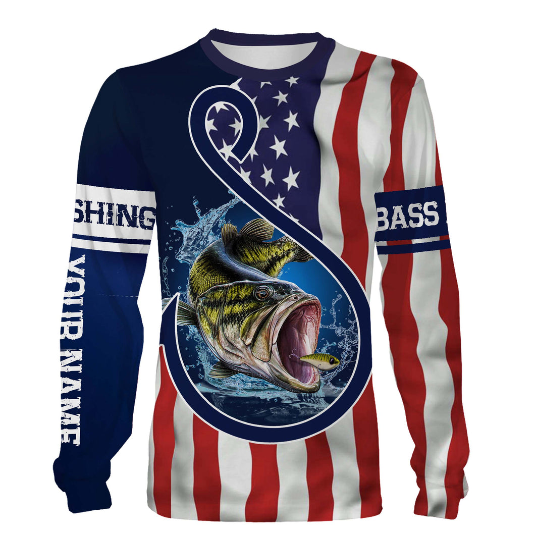 Largemouth Bass Fishing American Flag Patriotic Customize Name Fishing Shirts NQS469