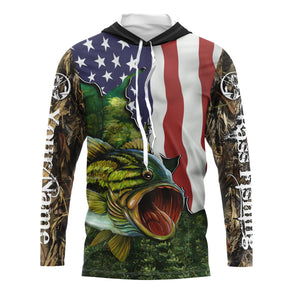 Largemouth Bass Fishing American Flag patriot custom name long sleeves shirt, gift for Fishing lovers NQS689