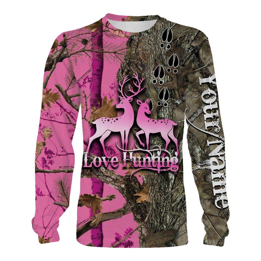 Love Deer Hunting Pink Camo Customize Name 3D All Over Printed hunting Shirts NQS856