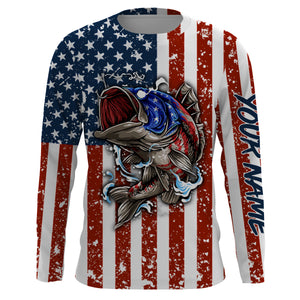 Personalized Bass Fishing American Flag UV Protection Long sleeve performance Fishing Shirts NQS1380