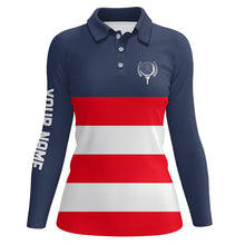 Load image into Gallery viewer, Red, white and blue stripe custom name Womens golf polos shirts, patriot women&#39;s golf attire  NQS7135