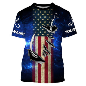 American flag fish hook blue galaxy fishing Custom Name UV Protection performance fishing Shirts NQS3024