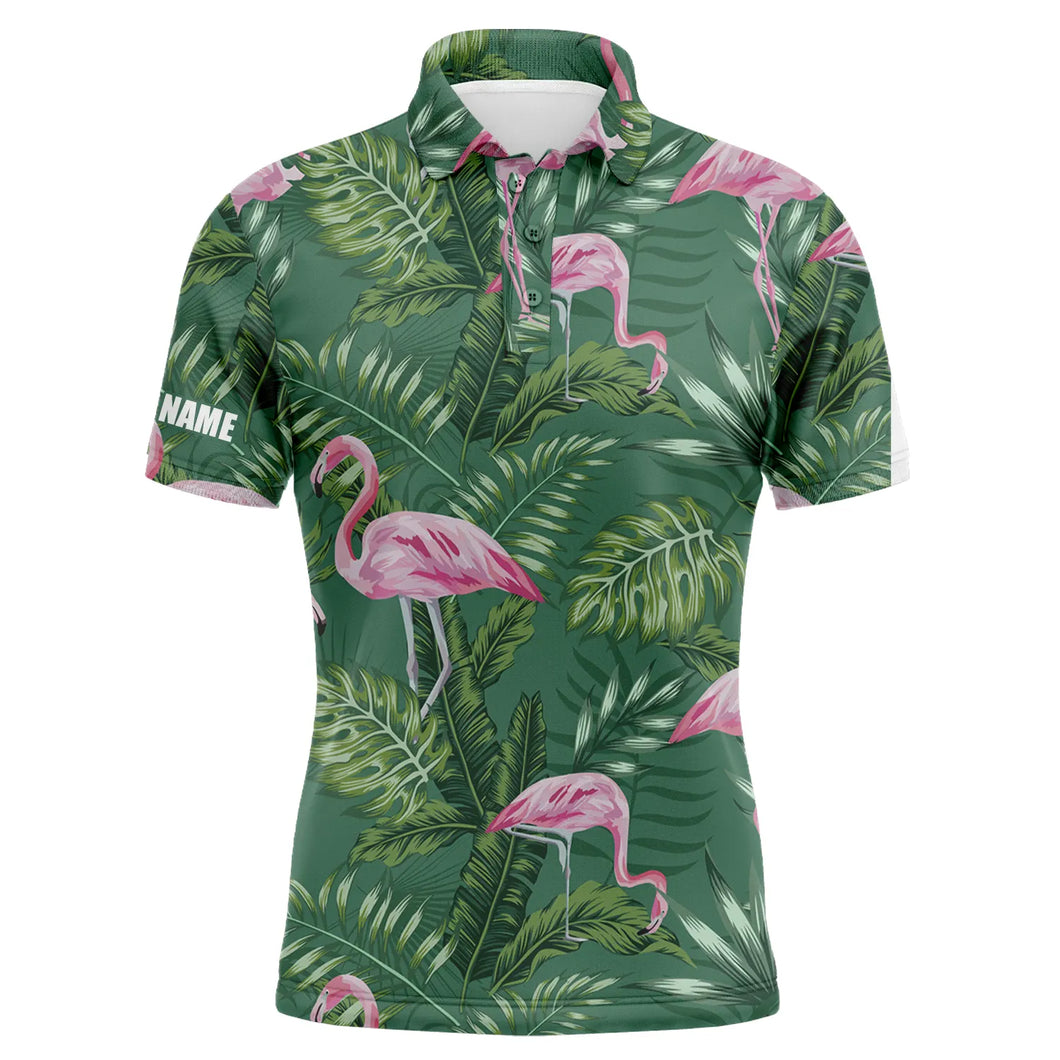 Mens golf polo shirts green tropical plants monstera flamingo golf shirts custom best mens golf wear NQS4842