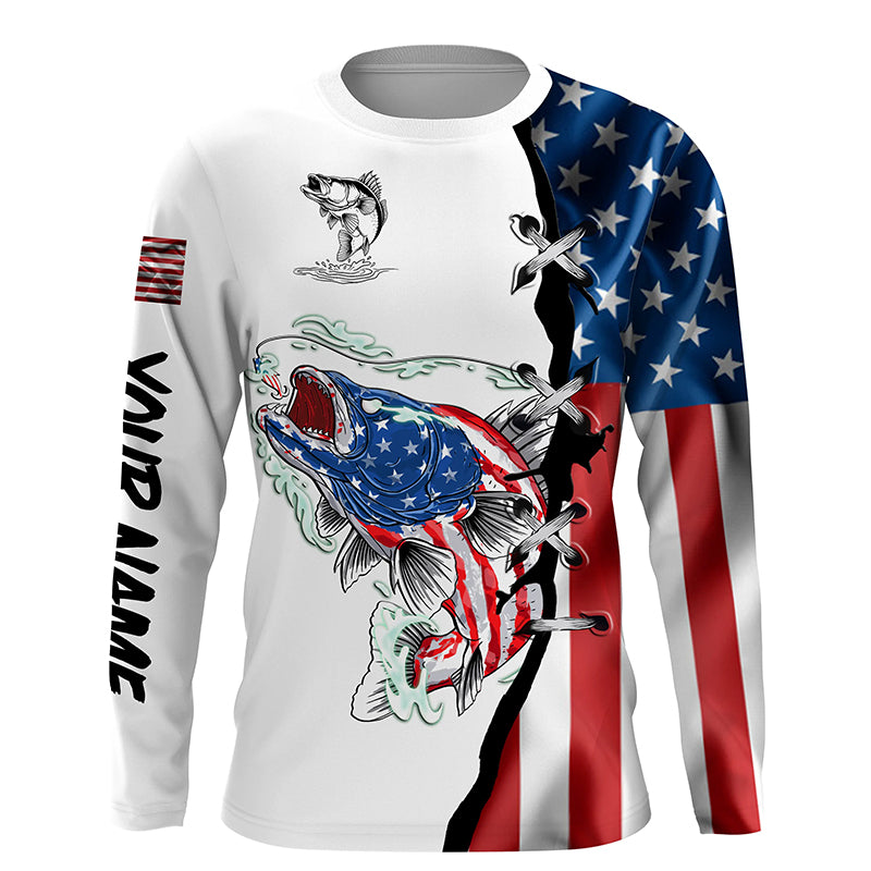 Walleye fishing legend American flag patriot UV protection Customize name long sleeves fishing shirts NQS4493