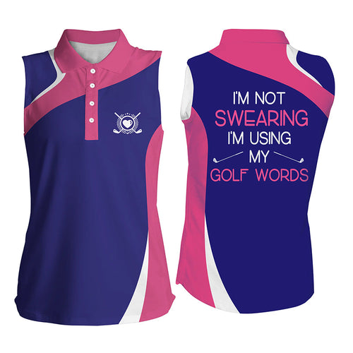 Women's sleeveless golf polo shirt pink purple I'm not swearing I'm using my golf words NQS4496