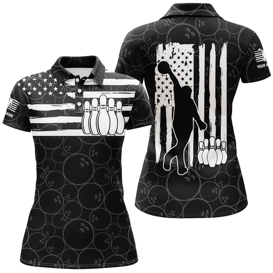 Custom black bowling shirt for women – personalized team jersey front view