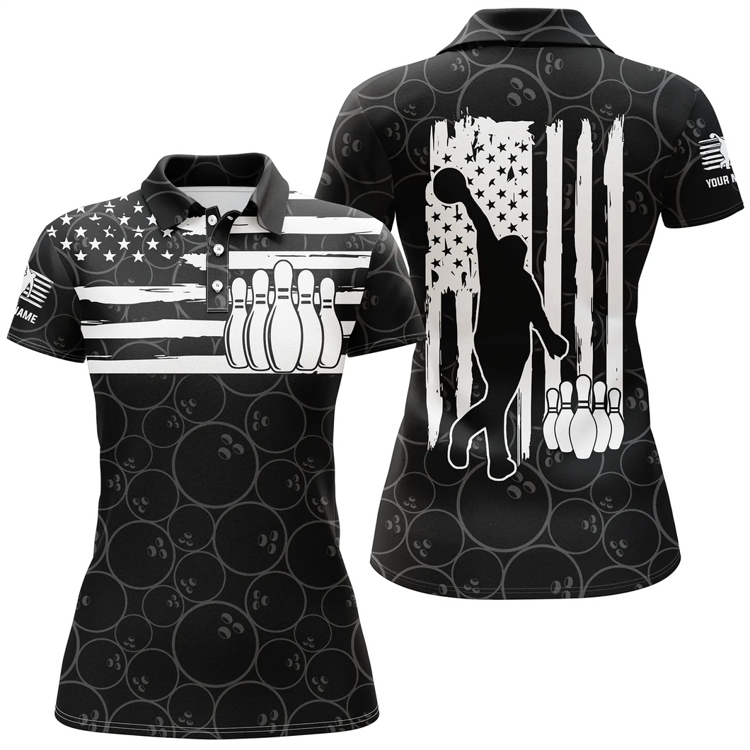 American flag black bowling pattern custom bowling polo shirts for women, team bowling jerseys NQS4700