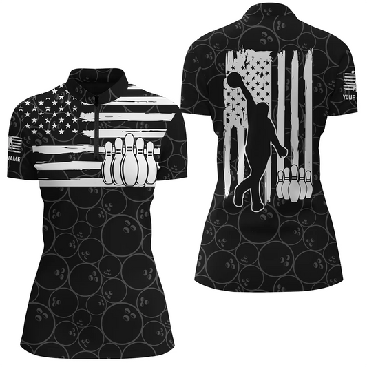 Custom black bowling shirt for women – personalized team jersey front view