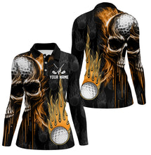 Load image into Gallery viewer, Womens golf polos shirts custom skull golf fire black golf apparel, coolest polo shirts for ladies NQS7140