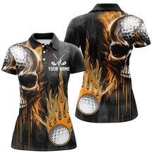 Load image into Gallery viewer, Womens golf polos shirts custom skull golf fire black golf apparel, coolest polo shirts for ladies NQS7140