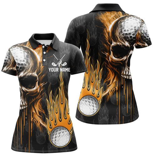 Womens golf polos shirts custom skull golf fire black golf apparel, coolest polo shirts for ladies NQS7140