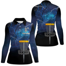 Load image into Gallery viewer, Womens disc golf polo shirt custom blue lightning thunder disc golf shirt, ladies disc golf tops NQS7142