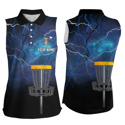 Womens disc golf sleeveless polo shirt custom blue lightning thunder frisbee golf shirt for ladies NQS7142