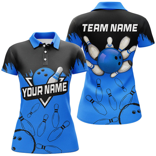 Women bowling polo shirts Custom black and blue Bowling Team league Jerseys, gifts for bowlers NQS7248