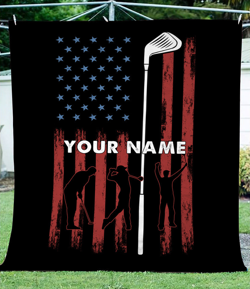 Personalized vintage black American flag golf club Fleece Blanket, Gifts For Golf lovers NQS7005