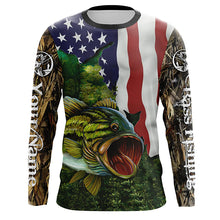 Load image into Gallery viewer, Largemouth Bass Fishing American Flag patriot custom name long sleeves shirt, gift for Fishing lovers NQS689