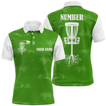 Load image into Gallery viewer, Green and white Mens disc golf polo shirts custom disc golf basket, personalized disc golf gifts NQS7251