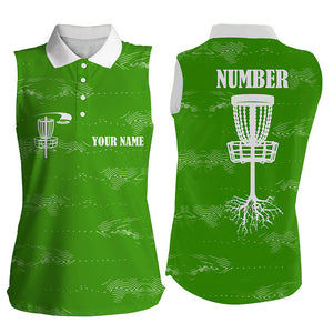 Green and white Women sleeveless disc golf polo shirt custom disc golf basket, personalized golf gifts NQS7251