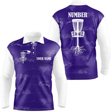 Load image into Gallery viewer, Purple and white Mens disc golf polo shirts custom disc golf basket, personalized disc golf gifts NQS7252