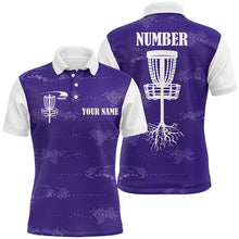 Load image into Gallery viewer, Purple and white Mens disc golf polo shirts custom disc golf basket, personalized disc golf gifts NQS7252