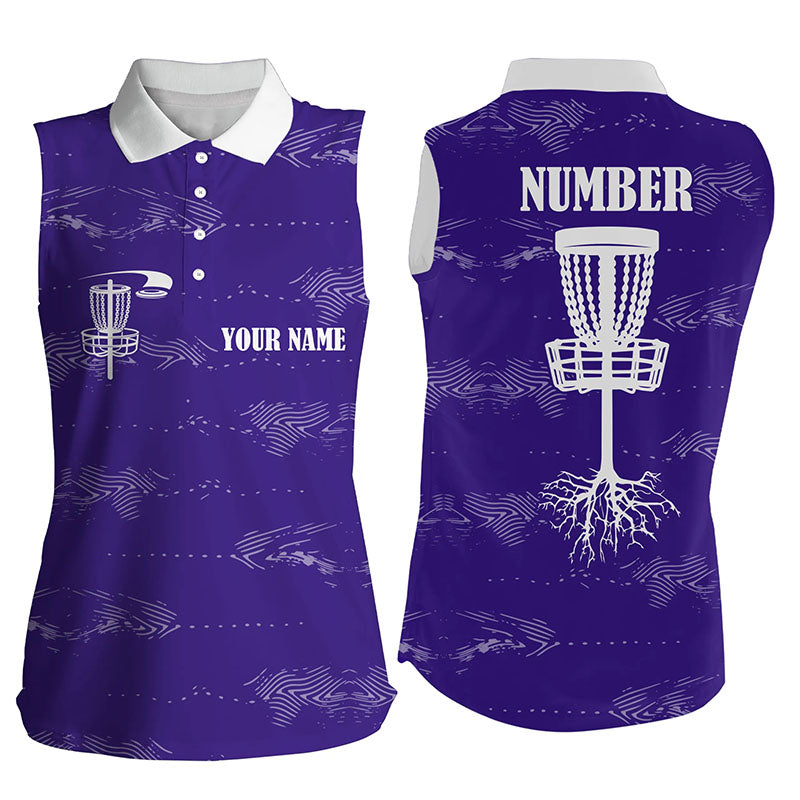 Purple and white Women sleeveless disc golf polo shirt custom disc golf basket, personalized golf gifts NQS7252