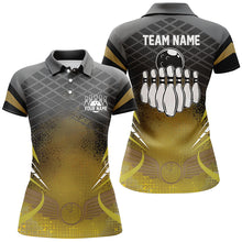 Load image into Gallery viewer, Women bowling polo shirt Custom black gold bowling ball pins team league jersey, bowling gift NQS6329