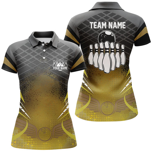 Women bowling polo shirt Custom black gold bowling ball pins team league jersey, bowling gift NQS6329