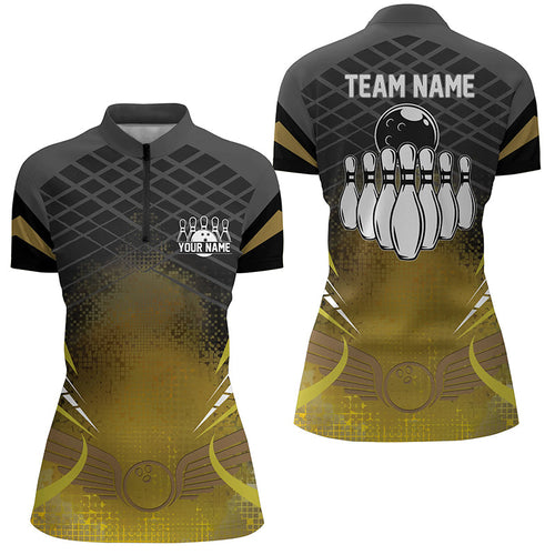 Womens bowling Quarter Zip shirt Custom black gold bowling ball pins team league jersey, bowling gift NQS6329