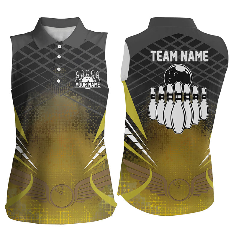 Women sleeveless polo shirts Custom black gold bowling ball pins team league jersey, bowling gift NQS6329