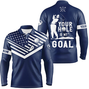 Mens golf polo shirt white American flag custom your hole is my goal funny golf team shirt | Navy NQS7007