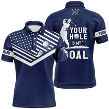 Load image into Gallery viewer, Mens golf polo shirt white American flag custom your hole is my goal funny golf team shirt | Navy NQS7007