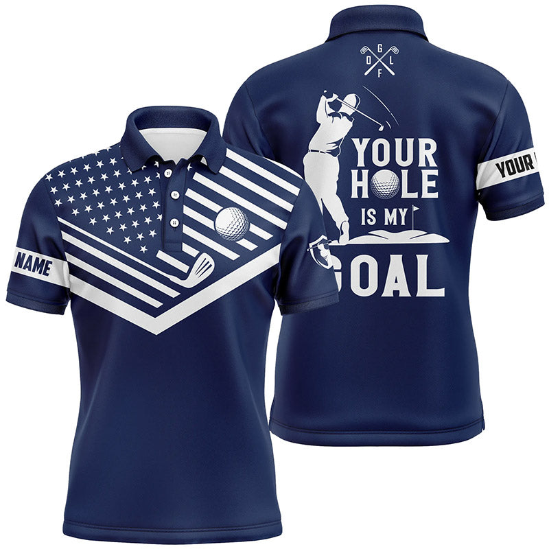 Mens golf polo shirt white American flag custom your hole is my goal funny golf team shirt | Navy NQS7007