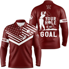 Load image into Gallery viewer, Mens golf polo shirt white American flag custom your hole is my goal funny golf team shirt | Red NQS7008