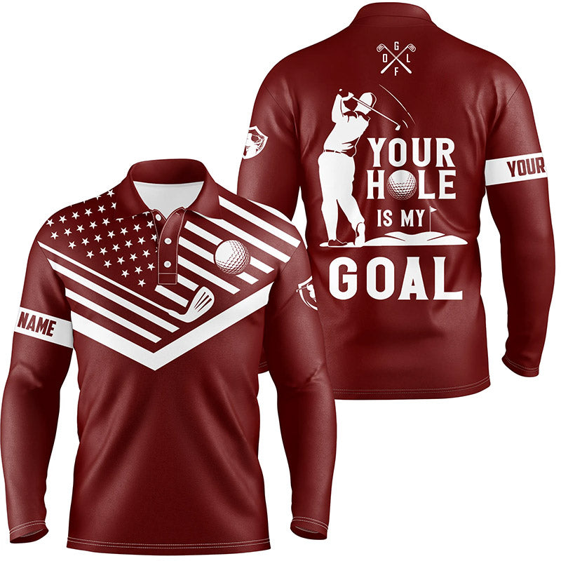 Mens golf polo shirt white American flag custom your hole is my goal funny golf team shirt | Red NQS7008