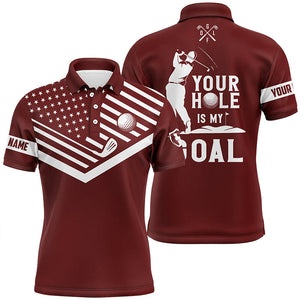 Mens golf polo shirt white American flag custom your hole is my goal funny golf team shirt | Red NQS7008