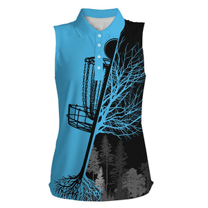 Womens sleeveless disc golf polo shirts black and blue disc golf basket, disc golf outfit NQS7151