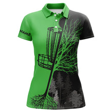 Load image into Gallery viewer, Womens disc golf polo shirts custom black and green disc golf basket, disc golf outfit NQS7152