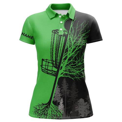 Womens disc golf polo shirts custom black and green disc golf basket, disc golf outfit NQS7152
